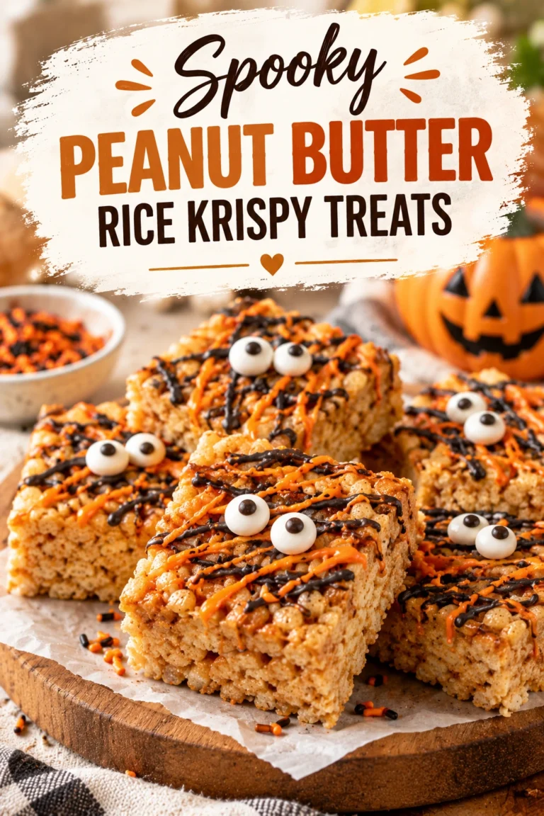 Peanut butter rice krispy treats shaped like ghosts with small chocolate chip eyes on a white platter.