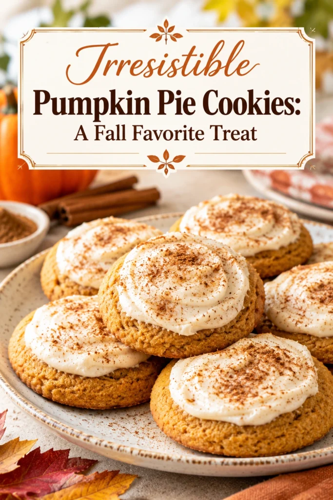 Soft pumpkin pie cookies topped with a creamy cream cheese glaze and a sprinkle of cinnamon on a plate.