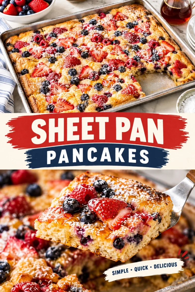 Golden brown sheet pan pancakes topped with fresh blueberries and raspberries, served as square slices on a baking sheet.