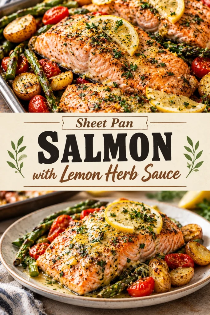 Roasted salmon fillets on a sheet pan topped with a creamy lemon herb sauce and fresh parsley sprigs.