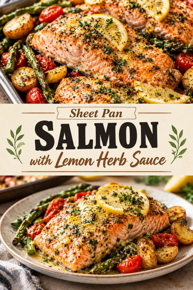 Roasted salmon fillets on a sheet pan topped with a creamy lemon herb sauce and fresh parsley sprigs.