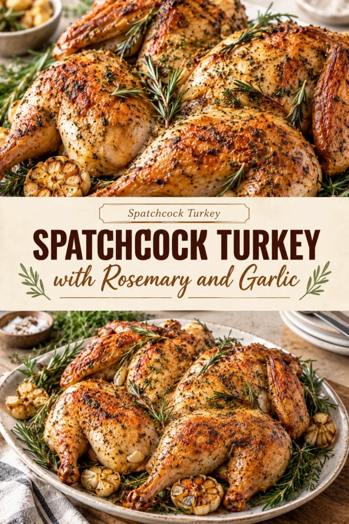 Roasted spatchcock turkey on a platter, glazed with a glossy cranberry orange sauce and garnished with fresh berries and rosemary.