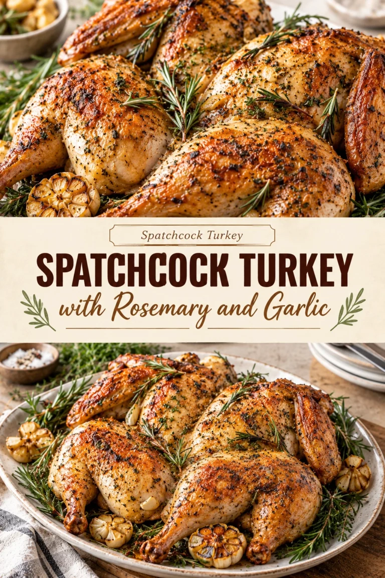Roasted spatchcock turkey on a platter, glazed with a glossy cranberry orange sauce and garnished with fresh berries and rosemary.
