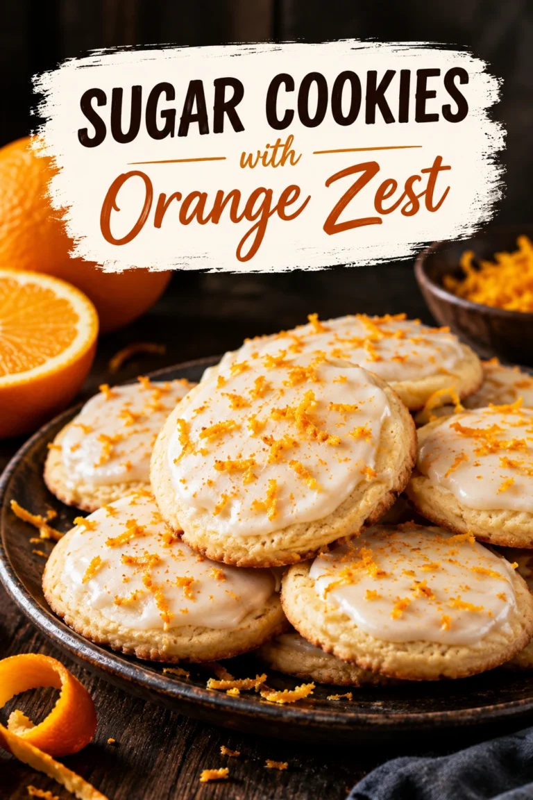 A stack of round, golden-brown sugar cookies topped with a light glaze and fresh orange zest on a plate.