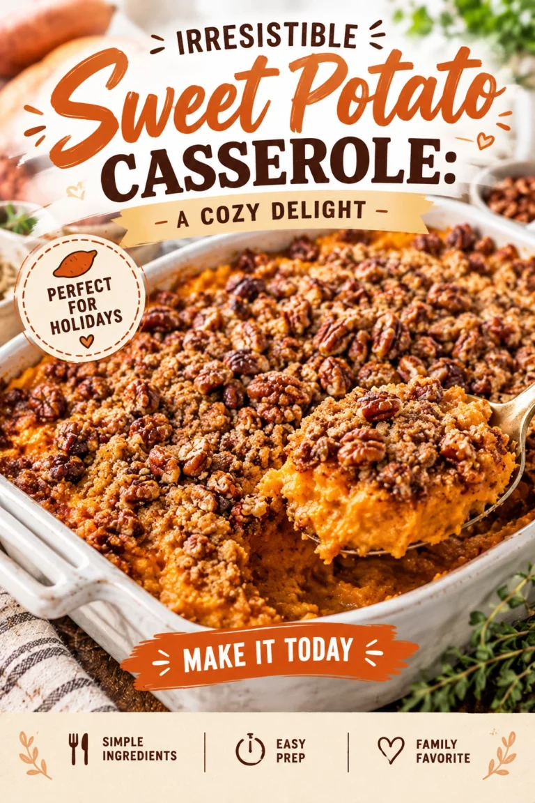 Sweet potato casserole in a white baking dish topped with toasted brown sugar pecans and a pat of melting butter.
