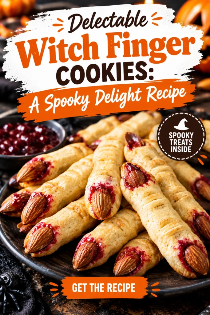 Long, pale almond cookies shaped like fingers with sliced almond nails and red jam accents for a spooky effect.